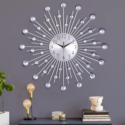 Lafocuse 56cm Reloj de Pared Estrellas de Strass Grande Salon Moderno Plateado, Silencioso Metal Decorativo Reloj Cuarzo 3D Sunburst Mid Century Creativo para Cocina Dormitorio Comedor Oficina