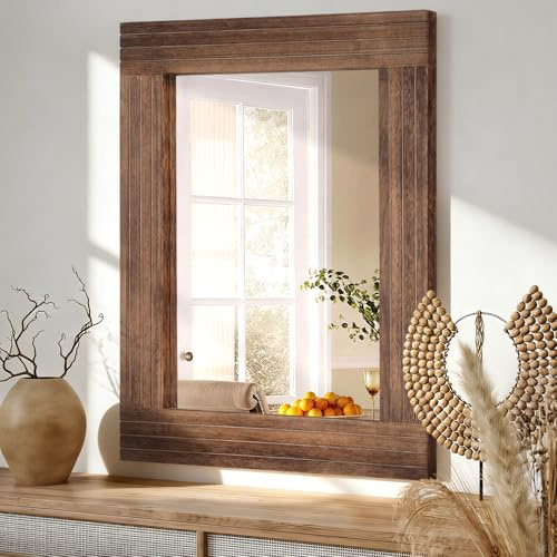 HLFMVWE Wood Mirror Rectangular Framed Rustic Vintage Mirrors Decor Farmhouse Bedroom Bathroom Mirror for Dressing Table Entrance Small 30x40cm