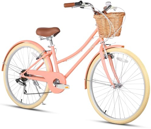 Glerc Bicicleta Cruiser Para Niñas de 24 Pulgadas, 6 Velocidades, Bicicleta Híbrida Para Mujeres, Para Edades de 7, 8, 9, 10 y 11 años, Con Cesta de Mimbre. Cuadro y Horquilla Ligeros,Color Melocotón.