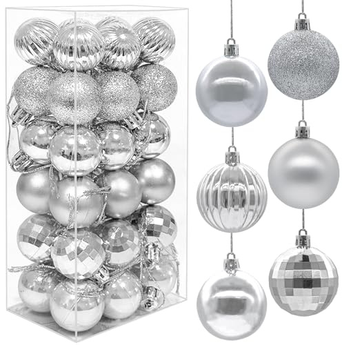 36PCS 6CM Christmas Baubles Christmas Balls Tree Decorations Large Shatterproof Balls Hanging Ornaments for Home Xmas Party, Silver