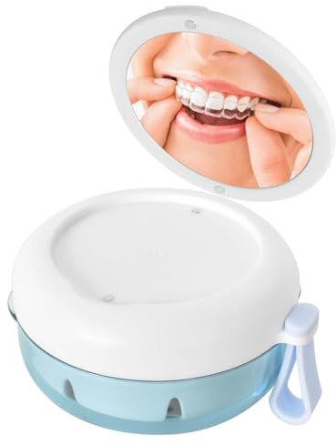 Cleminsta Prothesendose mit Spiegel, Zahnprothesendose Weiß, Zahnprothesen Box mit Filter, Tragbar Zahnspangendose, Reinigungsbox für Zahnspangen, Aufbissschiene, Knirscherschiene, Falsche Zähne