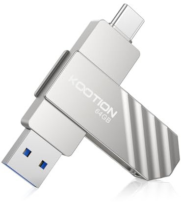 USB C Flash Drive 64 GB Dual Swivel Type C Up to 450MB/s USB 3.2 Thumb Drive Portable Memory Stick With Keyring Hole Waterproof Metal Pen Drive, Silver