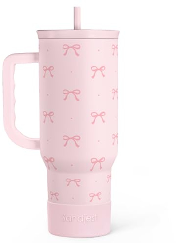 SANDJEST Gift for Women Girls - Coquette Bow Stainless Steel Tumbler with Handle, Travel Coffee Mug - Gifts for Birthday Christmas, 40oz