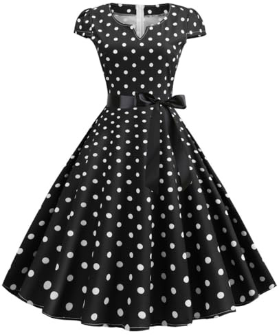 Rockabilly - Vestido de manga corta para mujer, de los años 50 y 60, con lunares, estilo coctail, vintage, swing a la moda, para bodas, festivos, hasta la rodilla, túnica, vestido de fiesta, vestido