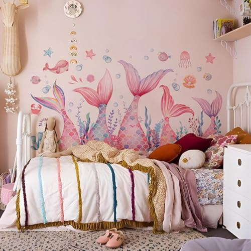 OUFEI Mermaid Tail Wall Stickers Room Decor for Teen Girls Stick Peel Fantasy Pink Sea Creature Wall Decals for Baby Kids Nursery Bedroom Living Room Wall Decoration