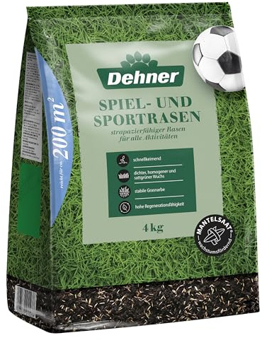 Dehner Saatgut Spielrasen/Sportrasen, hochwertige Rasensamen für strapazierfähigen/dichten Rasen, schnell keimend/pflegeleicht, ideal für Familiengärten & Spielflächen, 4 kg für ca. 200 m²