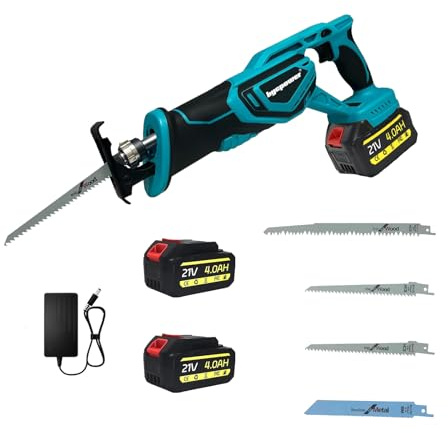 bycpower Universalsäge, Akku Reciprosäge mit 4 Sägeblätter, Säbelsäge Drehzahl Max 3500 SPM mit 2pcs 4,0 AH Akku, für Makita 18V, 32mm Hublänge, Schnellladegerät, Ideal zum Schneiden von Metall Holz