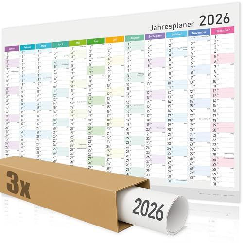 Calendrier mural annuel 2026, format A1, XXL, format portrait, 12 mois (janvier à déc), avec jours fériés et vacances en Allemagne, impression de qualité supérieure, livré roulé