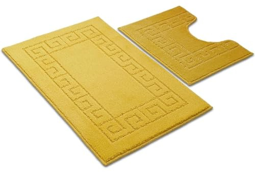 Nest & Nibble Yellow Bath Mat Set, 2-Piece Non-Slip Bathroom Mats Soft & Absorbent Shower Mat & Pedestal Rug | Quick Dry Washable Anti Slip Toilet Carpet - Greek Key Pattern (50x80cm + 50x40cm)