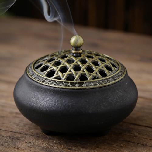 Räucherschale Vintage, Keramik Räuchergefäß mit Metallgitter Einer Abdeckung und Feuerfeste Baumwolle, Chinesisch Porzellan Räucherschale