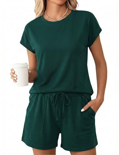 Uniexcosm Women's Pyjama Sets Summer Pyjamas for Women Cotton Short Sleeve Top And Shorts for Summer Two Piece Pj Sets Soft Crewneck Nightwear With Pockets Sleepwear