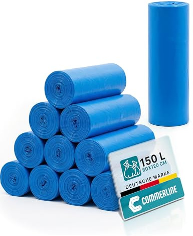 Commerline Bolsas de basura de 150 l, 10 rollos (100 unidades), color azul, 80 x 120 cm, resistentes a roturas y a prueba de fugas, para el hogar, oficina, comercio y gastronomía