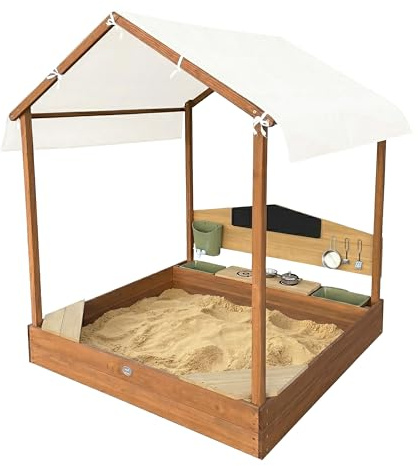 AXI Meli Sabbiera e casetta da gioco in legno con cucina e tettuccio - Marrone | Con lavagna, serbatoio per l'acqua e set da 6 pezzi | Con rivestimento | 120 x 120 x 144,5 cm