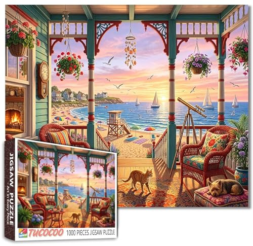 Puzzle de 1000 pièces « Vues panoramiques » pour Adultes et familles (Coucher de Soleil en mer, Voilier, Maison de Plage). Pièces Parfaitement emboîtables. Puzzle encadrable de 50 x 70 cm.