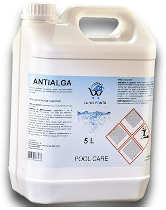 LordsWorld Pool Care - Antialga Liquido - Idoneo per Piscina Fuori Terra, Interrata Spa e Jacuzzi, Azzurrante Acqua Limpida -Previene la Formazione di Alghe Adatto a Piscine Acqua e Sale (5Lt)