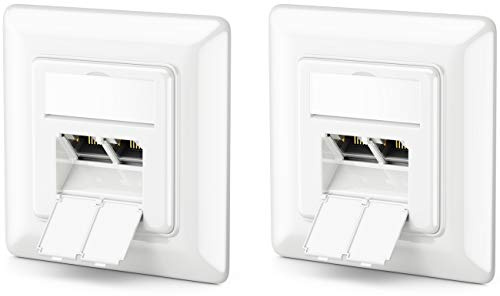 deleyCON 2x CAT6a Nätverksuttag 2x RJ45-Uttag Skärmad Infälld Montering 10 Gbit Ethernet Nätverk LAN-Uttag Patchkabel Nätverkskabel Installationskabel Vit