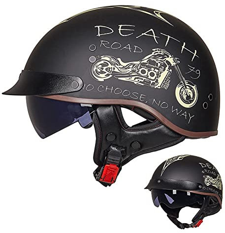 Halbschalenhelm mit ECE, Jethelm Retro, Chopper Helm, Retro Motorrad Helm, Scooter-Helm, Offenem Helm, mit Sonnenblende und Herausnehmbares Atmungsaktives Futter-D||L
