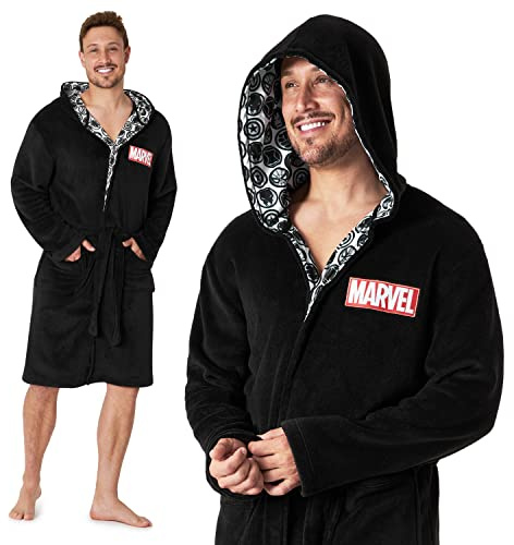 Marvel Mens Dressing Gowns, Fleece Dressing Gown Bathrobe S-3XL, gifts, (Black, XL)