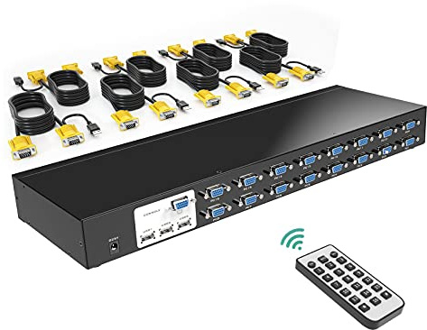 KVM Switch VGA 16 Port, MT-VIKI VGA KVM Console Rack mount 3 USB Hubs, Plug & Play, 16 PCs/Servers Share 1 Monitor Keyboard Mouse+ IR Remote Control + 16 KVM Cables + 1U Rack Ears