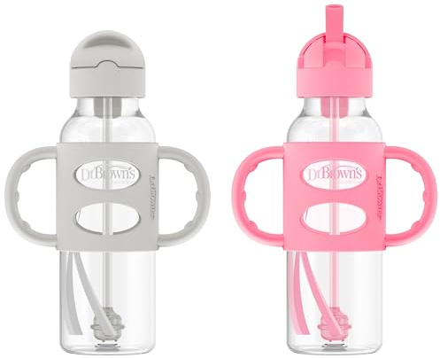 Dr. Brown's Sippy Straw Bottle with Silicone Handles, Gray & Pink, 8 Oz (Pack of 2)