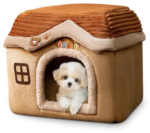 ALLSOPETS Caseta para Gatos y Perros Pequeños, Casa Plegable de Interior con Colchón Extraíble, Base Antideslizante y Diseño Caliente Acogedor para Mascotas (Marrón, L)
