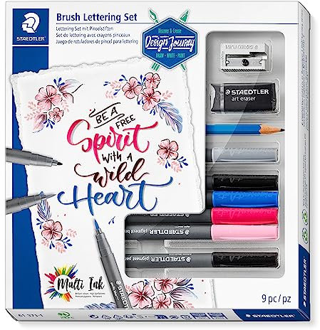 STAEDTLER Brush Lettering Set Design Journey, 9-teiliges Pinselstifte Set für strahlendes Brush Lettering, pigment brush pens in sortierten Farben, Bleistifte, Radierer und Spitzer, 61 371-1