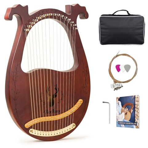 VixxNoxx Lyre Harpe 16 cordes en Métal Lyre Instrument de Musique en Acajou avec Clé d'accordage Cordes de Rechange Livre de Musique en Englais Portable Sac, Harp pour Adultes Enfants Débutants