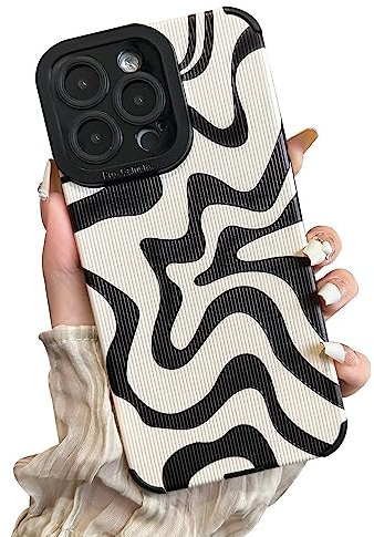 Sayoaho Designed for iPhone 14 Pro Max Phone Case, Soft PU Leather TPU and Cute Art Wavy Painted for Women Girls, Slim Protective Shockproof Compatible with iPhone Case (Beige, iPhone 14 Pro Max)