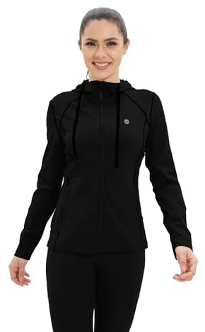 HDTIYUYP Womens UPF Sports Jacket - Long Sleeve Hooded Full Zip Running Jacket Lightweight Hiking Jacket with Zip Pockets Ladies Zip Up Jogging Hoody Outdoor Sports Top Black 14