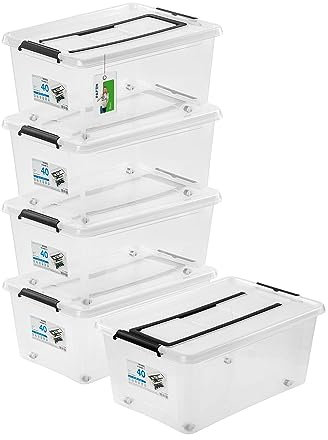 PAFEN 5x Commode sous le lit Boîte de rangement 40l avec roulettes et poignée - 38,5x25x58cm - Transparent Boîtes Rangement Boîtes empilables avec clips de fermeture Bacs en plastique