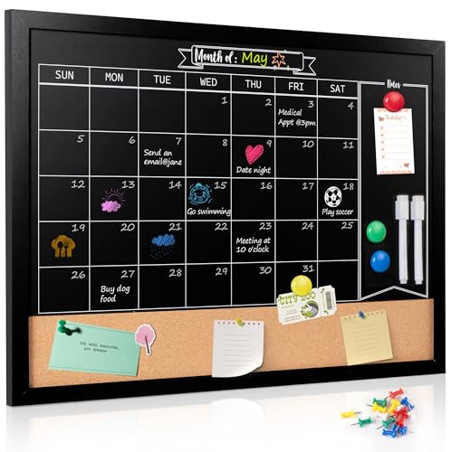Board2by Calendario mensual y tablero de corcho para pared, pizarra magnética de 45.7 x 61.0 cm, pizarra combinada con marco de madera para colgar, pizarra combinada con bolígrafos para oficina,