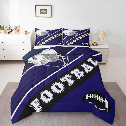 Erosebridal Gridiron Lovers Comforter Set International Ball Seasonal Bedding Gifts for Men, Blue and Black Football Helmet Full Bed Comforter Set for Boys Teens Striped Quilt