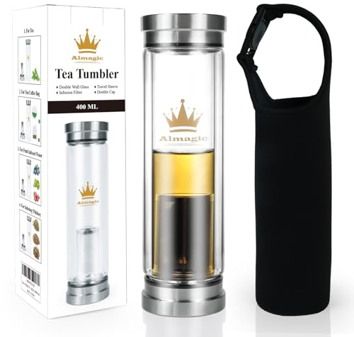 Almagic Tea Infuser Bottle for Loose Leaf Teas, 400 ml / 13.5 fl oz Double Wall Glass Tea Bottle with Infuser, Insulated Tea Tumbler with Infuser, Leak Proof Water Bottle with Protective Travel Sleeve
