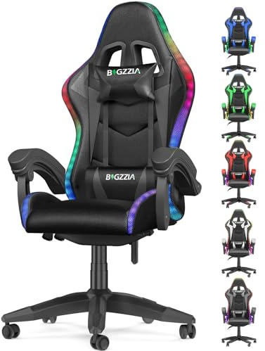 Bigzzia Gaming Chair with RGB Computer Chair with Light Reclining PU Leather Video Game Chair with Headrest Adjustable Lumbar Support (With RGB led, ALL Black)