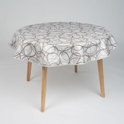 laro 140cm runde Wachstuch Tischdecke abwaschbar Wachstuchtischdecke mit Saum-Eingefasst-Paspelband, Muster:Schwungkreise Grau Beige, Größe: Rund 140cm