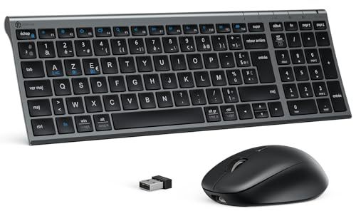 iClever Bluetooth Ensembles Clavier et Souris, Clavier et Souris sans Fil Combo Rechargeable, 2,4 GHz/Bluetooth, Silencieux, Ultra-Fin, Disposition AZERTY Français