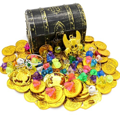 WYFCR 205PCS Kids Pirate Treasure Chest Toy Box Antique Color ，100 grams of diamonds 100 Maya coins, 2 rings, 2 earrings, and 3 gold skull necklace each，for Pirate Themed Party Favors