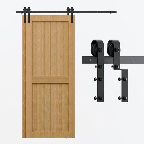 244 cm / 8FT bypass - Herraje para puerta corredera doble, sistema de puerta corredera, juego completo, color negro, para 2 puertas de madera de 115 cm de ancho, forma en J