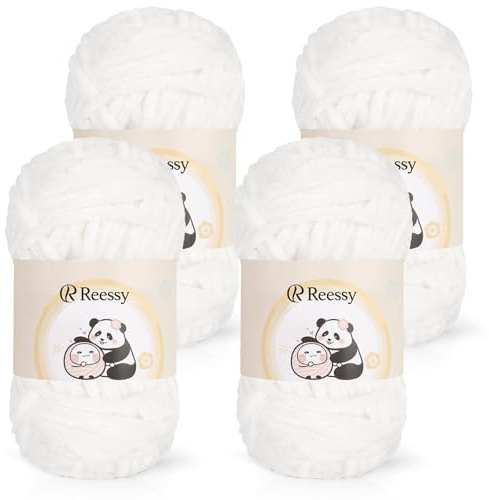 Reessy Chenille Yarn 400g(4×100g), Super Soft Chunky Wool Set, Thick Yarn for Crochet and Knitting Clothes, Handbag, Blankets, DIY- Ideal for Beginners Adults(White)