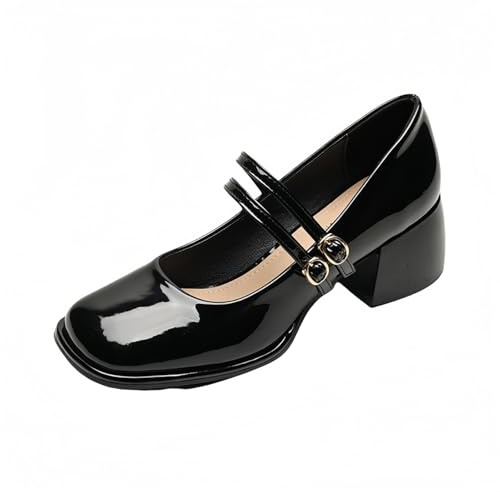 Plataforma de Cuero Patente de Mujer Mary Janes Bombas de Vestido gótico Zapatos de tacón Grueso bajo Dulce Lolita Cerrado Dedo del pie Tobillo Correa Ajustable