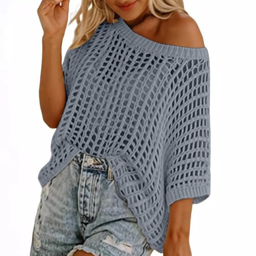 Womens Y2K Crochet Fishnet Long Sleeve Top Off The Shoulder Jumper Going Out Oversized Knitted Cover Up Sweater Lightweight Baggy Hollow Out Pullover Tops Knitwear Summer 02 Grey M