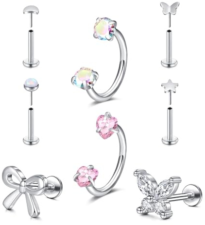 MODRSA Gioielli per Piercing al Tragus e al Naso in Acciaio Inossidabile 20G: Orecchini per Tragus con Zirconi Cubici, Stelle e Lune, Include Cono per Piercing