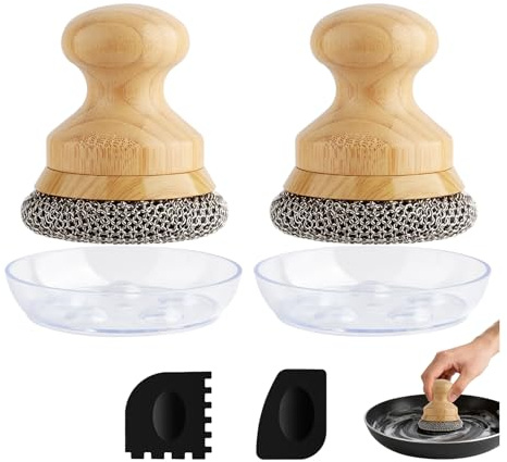 Scrubber per padelle in ghisa, pulitore per pentole con 2 raschietti, spazzola per la pulizia di piatti, pentole, padelle, piastre, griglie (posta a catena piccola, 2 pezzi)