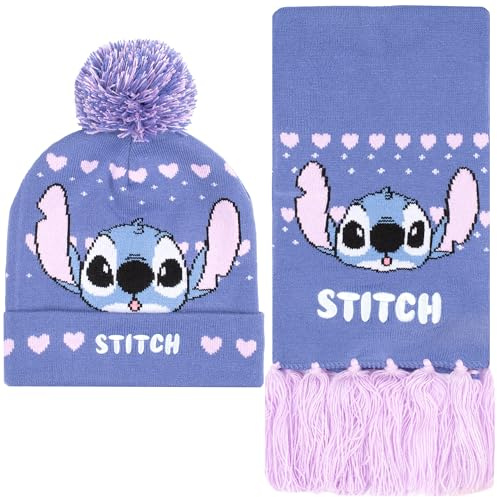 Disney Stichmütze und Schal für Mädchen, Winter-Accessoires, warmes Strickset, Geschenk für Mädchen, violett, Einheitsgröße