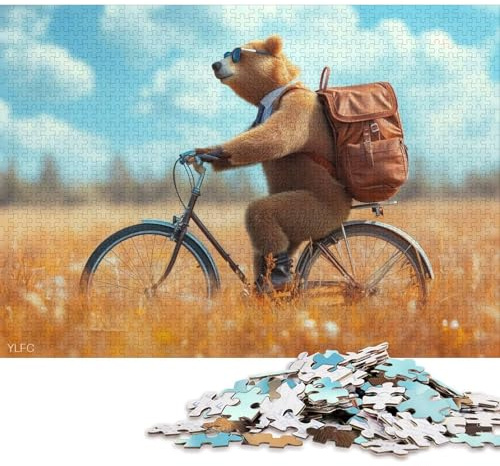 Rompecabezas Cuadrado de 1000 Piezas con un Oso Hipster en Bicicleta para Adultos, Rompecabezas de Madera, Juego práctico de 1000 Piezas (75x50cm)