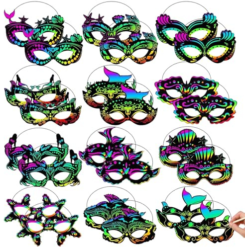 Meerestier Masken Kratzbilder für Kinder, 24 Stück DIY Papiermasken zum Dekorieren von Kindern Lustige Magie Scratch Art Masken Craft Kit für Halloween Geburtstag Cosplay Themenparty (Meerestier)