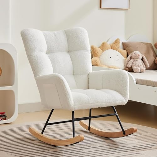 RBFGYIOP Rocking Chair, High Backrest Ergonomic Rocking Chair with Premium Teddy Fabric, Sturdy Metal Legs & Wood Base - Comfortable Nursery Glider, Supports Up to 250LBS, White