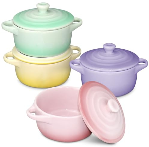 Set of 4 Small Ceramic Casserole Pots with Lids, 220ml Mini Cocotte Set for Oven, Round Porcelain Ramekins with Handles for Pot Pies, Tapas & Soufflé (4 Colours)