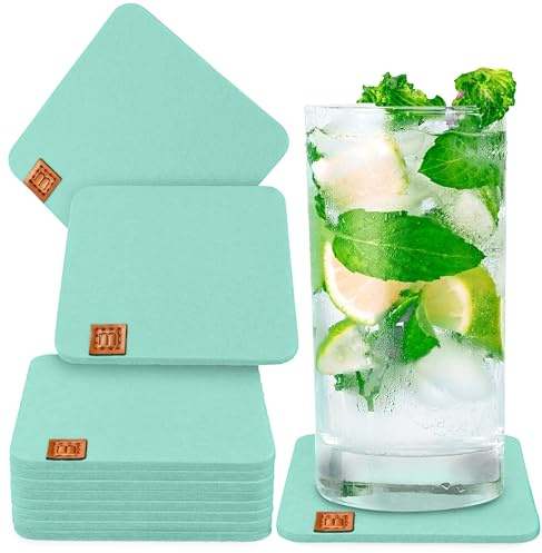Miqio Posavasos de fieltro de diseño Stone | Juego de 10 posavasos de fieltro de 13 x 11 cm, sostenibles Öko-Tex, 10 posavasos para bebidas, vasos, velas, tazas, bar, decoración de mesa, menta