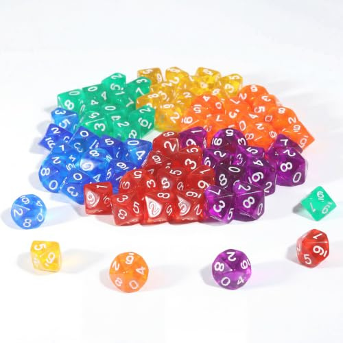 Set de 60 Dés à 10 Faces en Acrylique Transparent – 6 Couleurs (Rouge, Violet, Orange, Vert, Jaune, Bleu), Dés Polyédriques de 22 mm pour Jeux de Rôle, Mathématiques et Activités Ludiques